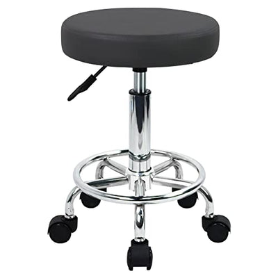 WKWKER Round Rolling Stool with Footrest PU Leather Height Adjustable 360° Swivel Stool with Wheels Office Stool Chair Home Drafting Work Studio Shop