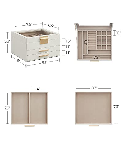 SONGMICS Jewelry Box with Glass Lid, 3-Layer Jewelry Organizer, 2 Drawers, for Big and Small Jewelry, Jewelry Storage, Modern Style, 8 x 9.1 x 5.3 SONGMICS
