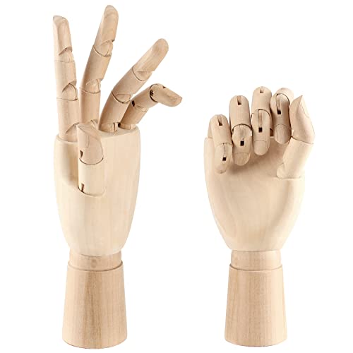 JOIKIT 2 Pack 10 Inches Wood Art Mannequin Hand, Left and Right Wooden Manikin Hand, Wooden Artist Hand Model with Flexible Moveable Fingers for