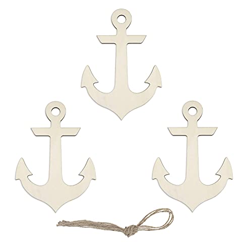 Anchor Shape Hanging Wood Unfinished Wood with Twines DIY Craft Ornament Theme Party Decoration 7.9" 3Pack Samanter