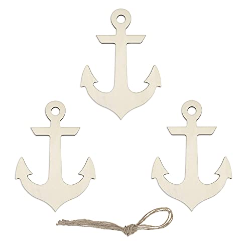 Anchor Shape Hanging Wood Unfinished Wood with Twines DIY Craft Ornament Theme Party Decoration 7.9" 3Pack - WoodArtSupply