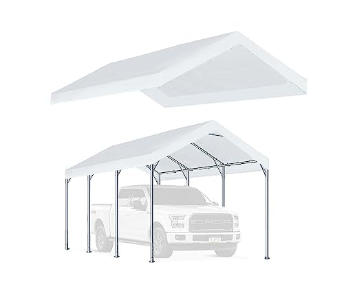 Rutile 12'x20' Carport Replacement Top Canopy Cover for Car Garage Shelter Tent Party Tent with Ball Bungees White (Only Top Cover, Frame is not