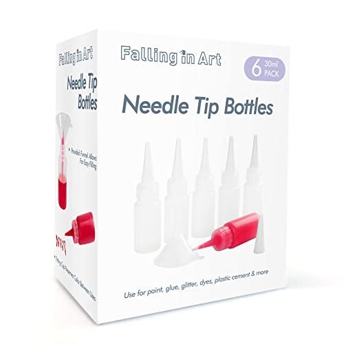 Falling in Art 1oz Needle Tip Squeeze Bottle, Precision Tip Applicator Bottle with a Funnel for Small Gluing Projects, Acrylic Painting, 6 Pack - WoodArtSupply