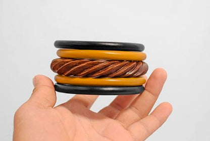 Pure Hands Aurora Enchanté Bangle Ensemble: Handcrafted Sisso Wood and Exotic Teak & Ebonised Wood Bangle Set of 5 from Boscage Artsy- Elegant, - WoodArtSupply