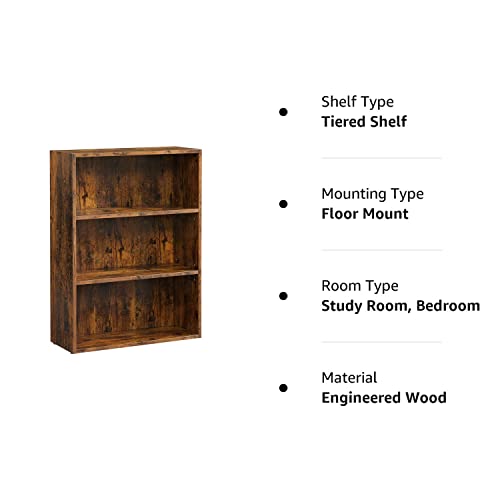 VASAGLE Bookshelf, 3-Tier Open Bookcase with Adjustable Storage Shelves, Floor Standing Unit, Rustic Brown ULBC163X01