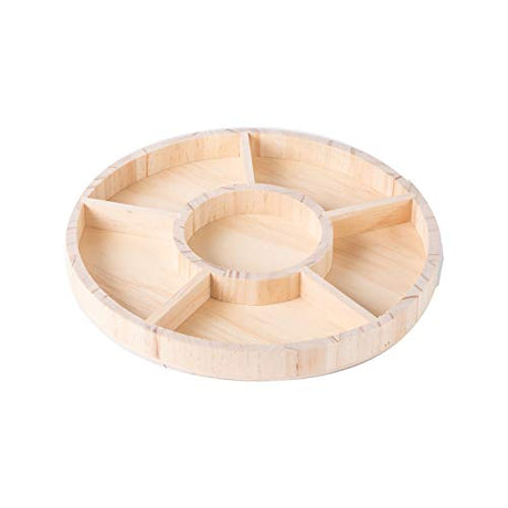 Wooden Tray with 6 Sections – 2 Pack Round Tray Chip and Dip Platter – Divided Serving Tray for Appetizers & Snacks – Veggie Platter - Food Trays for Hammont