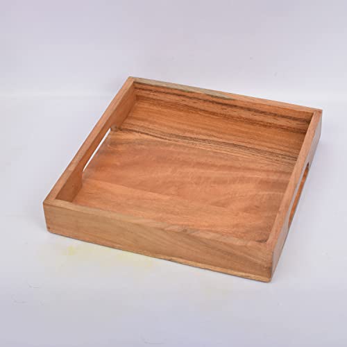Samhita Acacia Wood Serving Tray with Handles,Wooden Serving Tray, Snack Tray, Breakfast Tray, Great for, Breakfast, Coffee |Size- 10" x 10" x 1.75" Samhita