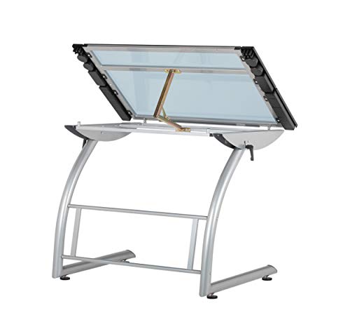 SD STUDIO DESIGNS Triflex Drawing Table, Sit to Stand Up Adjustable Office Home Computer Desk, 35.25" W X 23.5" D, Silver/Blue Glass SD STUDIO DESIGNS