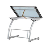 SD STUDIO DESIGNS Triflex Drawing Table, Sit to Stand Up Adjustable Office Home Computer Desk, 35.25" W X 23.5" D, Silver/Blue Glass SD STUDIO DESIGNS