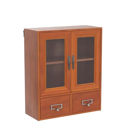 VKSG Multi-Colour Wooden Storage Cabinet with Glass Double Doors, Adjustable Shelf, and Two Drawers - WoodArtSupply