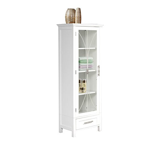 Teamson Home Delaney Tall Narrow Linen Tower with Glass Door, 3 Adjustable Shelves & Drawer - White Teamson Home
