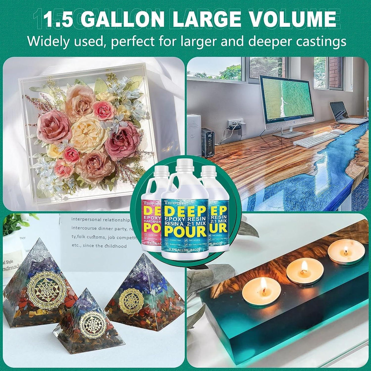 Epoxy Resin Deep Pour, 1.5 Gallon Epoxy Resin Kit for 2-4" Pour Depths, Crystal Clear & High Gloss, Bubble-Free Casting Resin for River Tables, WoodArtSupply