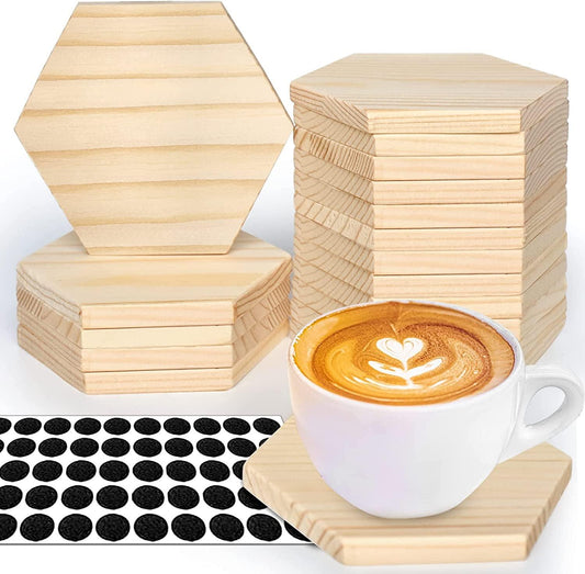 18 Pieces Unfinished Wood Coasters, 4 Inch Hexagon Blank Wooden Coasters Crafts with Non-Slip Silicon Dots
