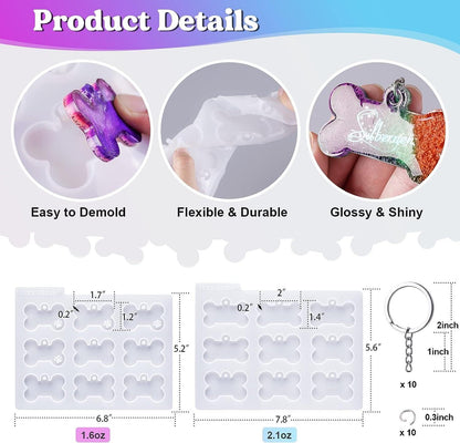 Pet Tag Resin Molds Silicone for Cat Dog | Epoxy Resin & UV Resin Bone Shape Keychain Molds with 10Pcs Key Ring & 10Pcs Jump Ring, DIY Keychain Pendant Charm Crafts - WoodArtSupply