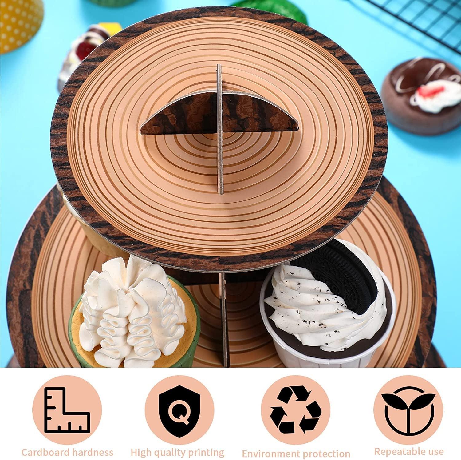 Wood Birthday Party Supplies, 3 Tier Cardboard Wooden Cupcake Stand Tower WoodArtSupply