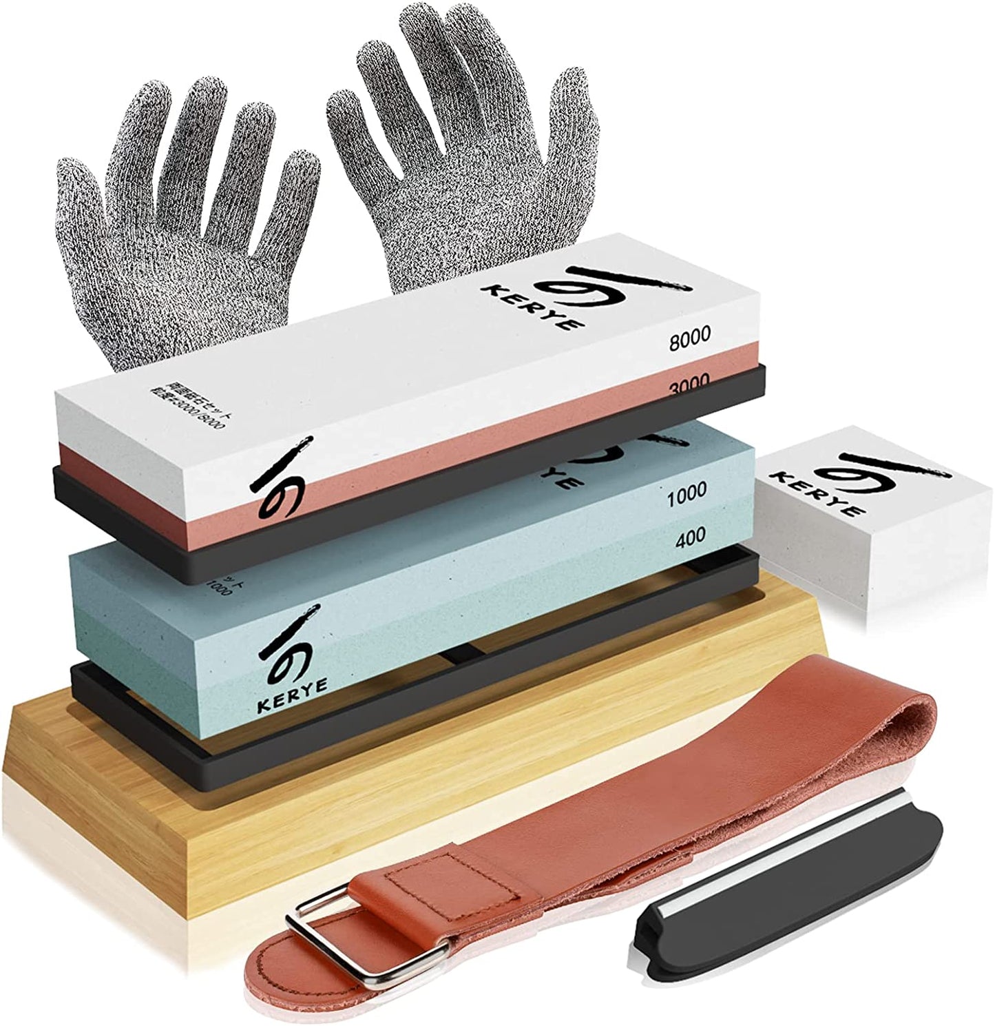 YeopAsda Knife Sharpening Stone Set - Premium 4 Side Grit 400/1000 3000/8000 Whetstone Sharpener Kit - Non-Slip Bamboo Base,Cut Resistant Gloves, Angl