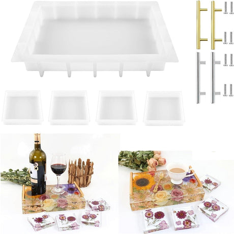 Resin Tray Molds Silicone, 13.5" Large Rectangle Deep Tray Resin Mold and 4 Piece Square Deep Coaster Molds, Silicone Tray Board Table Resin Mold & WoodArtSupply