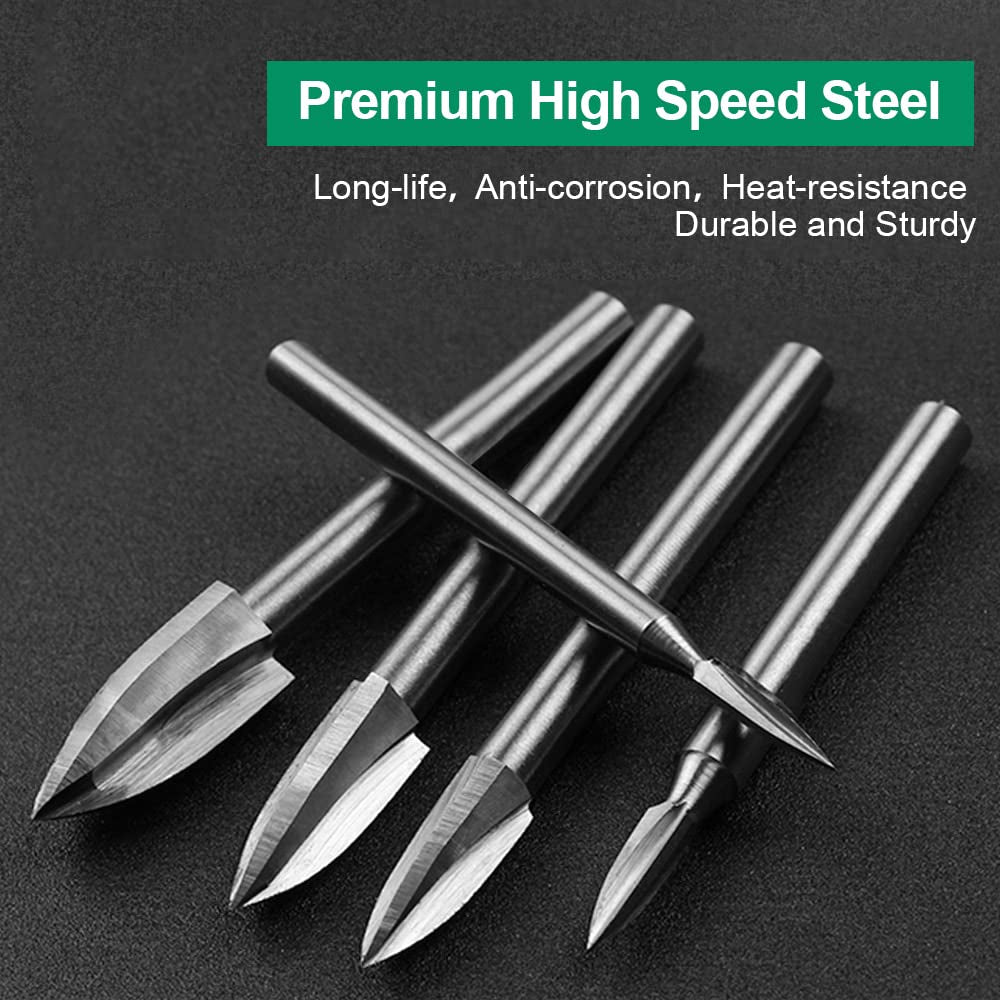 Wood Carving Drill Bits Set for Dremel Rotary Tool 5Pcs Engraving Drill Accessories Bit Wood Crafts Grinding Woodworking Tool with 1/8” Shank for DIY Carving Drilling Micro Sculpture