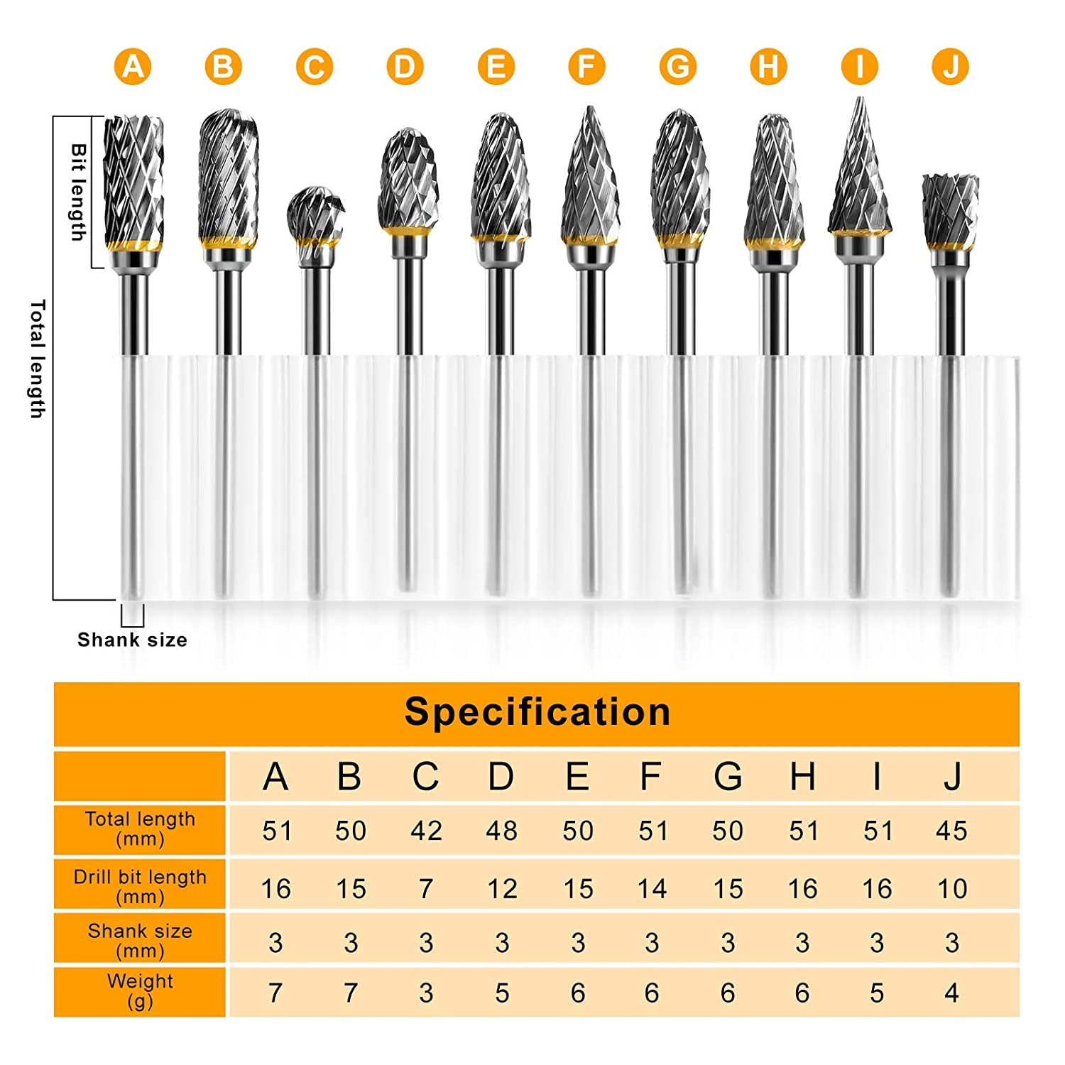 Tungsten Carbide Rotary Burr Set 10Pcs, Carving Burr Bits, with 3Mm Shank 6Mm Bit for Wood & Stone Carving, Steel Metal Working