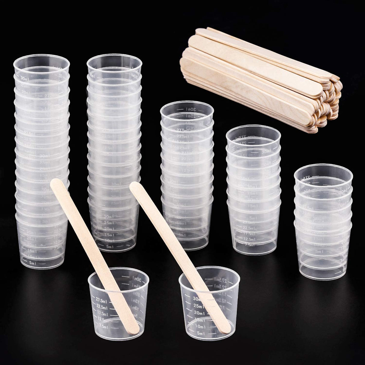 50 Pack 30Ml Plastic Reusable Graduated Cups Transparent Scale Cups with 50 Pack Wooden Stirring Sticks for Mixing Paint, Stain, Epoxy, Resin WoodArtSupply