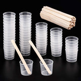 50 Pack 30Ml Plastic Reusable Graduated Cups Transparent Scale Cups with 50 Pack Wooden Stirring Sticks for Mixing Paint, Stain, Epoxy, Resin WoodArtSupply