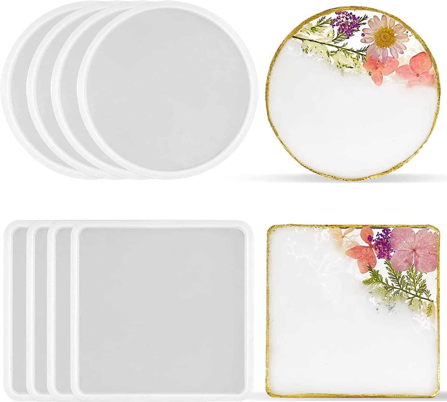 8 Pack Thick 4 Inches Resin Coaster Molds Set, 4 Pack round Coaster Silicone Molds + 4 Pack Square Coaster Resin Mold, Coaster Molds for Resin WoodArtSupply