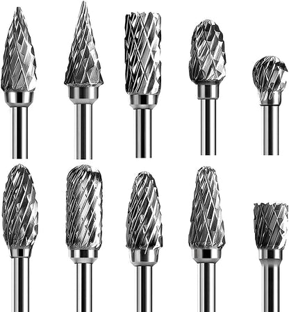 Double Cut Carbide Rotary Burr Set - 10 Pcs 1/8" Shank, 1/4" Head Length Tungsten Steel for Woodworking,Drilling, Metal Carving, Engraving, Polishing