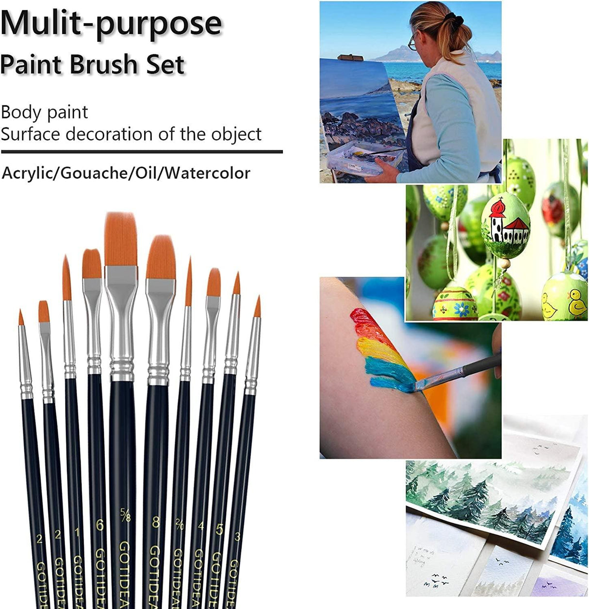 Paint Brush Set, 10 Pcs round Pointed Tip, Small Nylon Hair Brushes for Acrylic, Watercolor WoodArtSupply