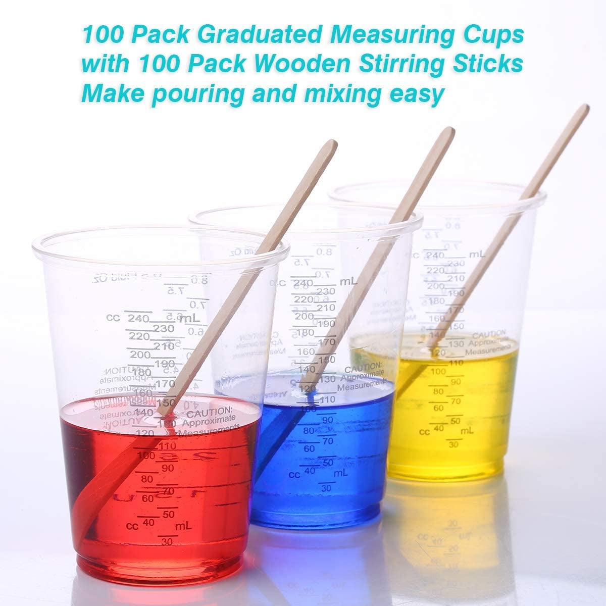 100Pcs 8Oz Graduated Clear Plastic Measuring Cups with 100Pcs Wooden Stirring Sticks for Mixing Paint, Pigments, Epoxy Resins, Resins - WoodArtSupply
