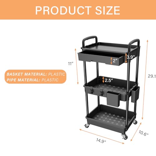3 Tier Rolling Utility Cart with Drawer,REBECAT Utility Cart Made of Multifunctional Storage Organizer Tool for Kitchen,Bathroom,Living REBECAT