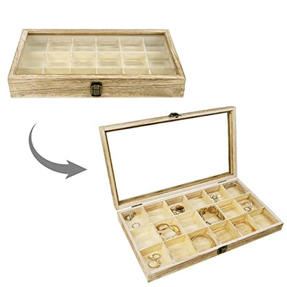 MOOCA Wooden Display Storage Case with Tempered Glass Lid for Jewelry and Beads with 18 Compartments Tray, 15 W x 8 3/8 L x 2 1/8 H in, Oak Color