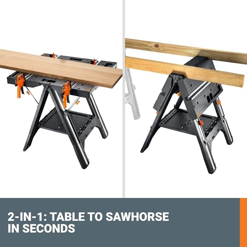 Worx Pegasus 2-in-1 Folding Work Table & Sawhorse, Easy Setup Portable Workbench, 31" W x 25" D x 32" H Lightweight Worktable with Heavy-Duty Load WORX