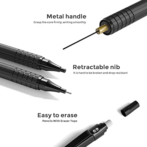 Nicpro Metal 0.9 mm Mechanical Pencils Set with Case, 3PCS Black 0.9mm Drafting Pencil, 6 Tubes HB Lead Refills, 3PCS Erasers, Erasers Refills for Nicpro