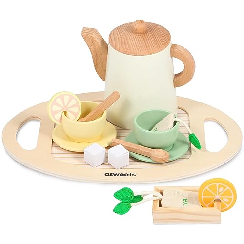 Asweets Wooden Tea Set for Little Girls,Tea Party Set Play Kitchen Accessories for Kid Playset Pretend Toddler Tea Set Toy - WoodArtSupply