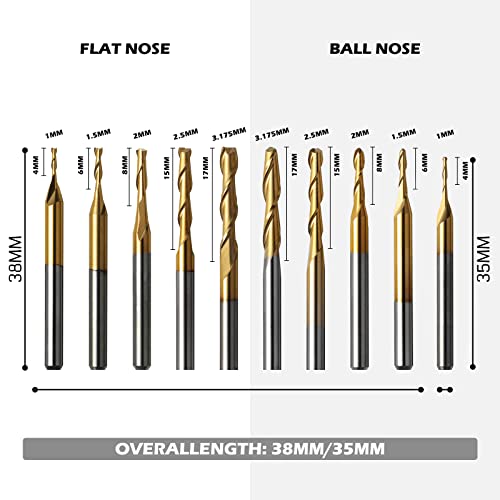 Genmitsu 50pcs Tungsten Carbide End Mill Router Bits, 1/8'' Shank CNC Bit Set Including 2-Flute Straight Bit, Flat Nose & Ball Nose End Mill, PCB Genmitsu