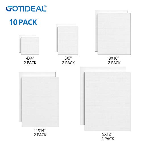 GOTIDEAL Stretched Canvas, Multi Pack 4x4", 5x7", 8x10",9x12", 11x14" Set of 10, Primed White - 100% Cotton Artist Canvas Boards for Painting, GOTIDEAL
