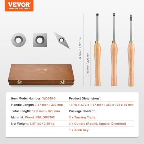 VEVOR Wood Lathe Chisel Set, 3 PCS Woodworking Turning Tools, Includes Square, Round, Diamond Carbide Blades, 7.87" Comfortable Grip Handles, Wood VEVOR