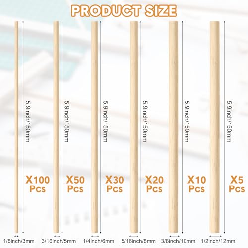 215 Pieces Balsa Wood Sticks Wooden Dowel Rods 1/8, 3/16, 1/4, 5/16, 3/8, 1/2 Inch Round Hardwood Unfinished Wooden Strips for DIY Molding Crafts Yulejo