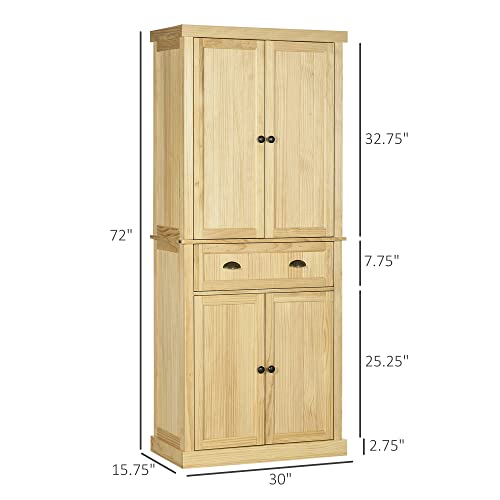 HOMCOM 72" Pinewood Large Kitchen Pantry Storage Cabinet, Freestanding Cabinet with Doors and Shelf Adjustability, Soft-Close Mechanism, Living Room - WoodArtSupply