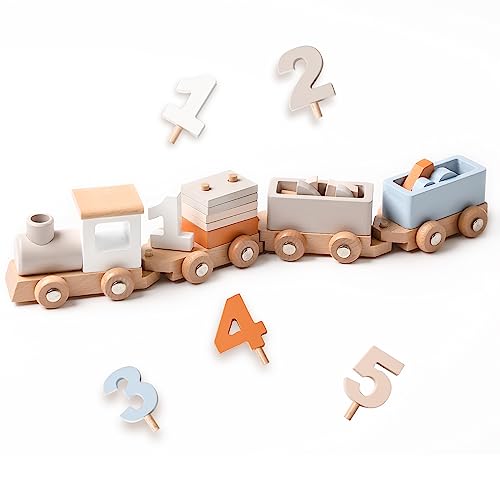 Samonyed Montessori Stacking Toys for Toddlers 1-5 Wooden Train Set for Babies Wood Train Toys Classic Wooden Cars with Numbers and Blocks for Boys Samonyed