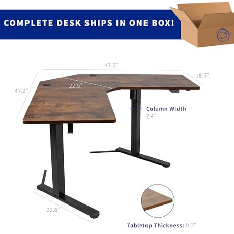 VIVO Electric Height Adjustable L-Shaped 47 x 47 inch Standing Desk, Rustic Vintage Brown Corner Table Top, Black Frame, Stand Up Workstation, VIVO