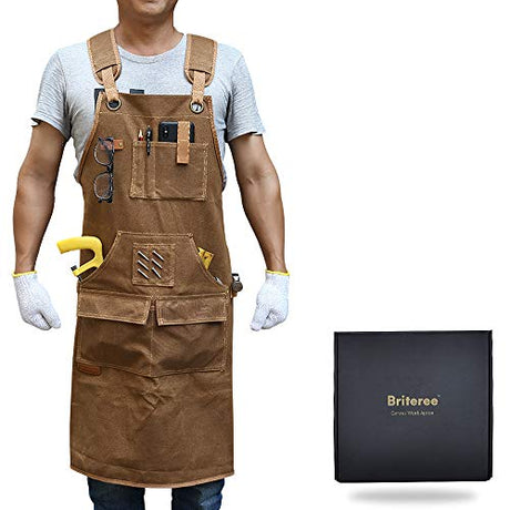 Briteree Woodworking Apron for Men, Gifts for Woodworker, with 9 Tool Pockets, Durable Waxed Canvas Work Apron Briteree