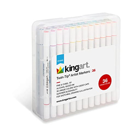 KINGART Dual Tip Alcohol Based Art Markers, 36 Colors Permanent Marker Pens Highlighters with Case Perfect for Illustration Adult Coloring Sketching KINGART