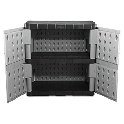 Rubbermaid Freestanding Storage Cabinet with Doors, 18"D x 36"W x 37"H, Medium, Gray/Black, Two-Shelf Lockable Cabinet for Indoor/Outdoor/Garage