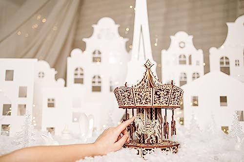 Wood Trick Parisian Carousel Wooden Music Box Kit - DIY 3D Puzzle for All Ages with Backlight - WoodArtSupply