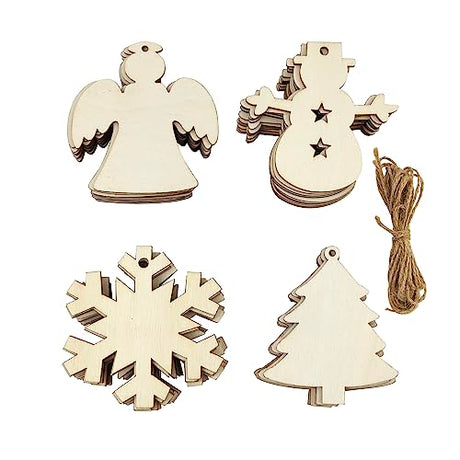 48 Pieces Wooden Christmas Ornaments Unfinished Wooden Christmas Trees, Snowmen, Angels, Snowflakes Cutouts Christmas Hanging Decoration Craft Gift Xonzmmk