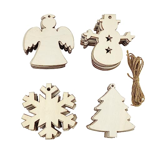 48 Pieces Wooden Christmas Ornaments Unfinished Wooden Christmas Trees, Snowmen, Angels, Snowflakes Cutouts Christmas Hanging Decoration Craft Gift - WoodArtSupply