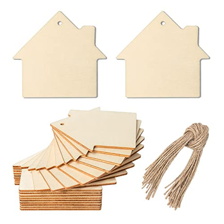 Unfinished The House Shape Wooden Tag Hanging Wood Cutout Blank Wood Slices Wooden Gift Tags with Twine for Christmas Thanksgiving Day Holiday Zontween