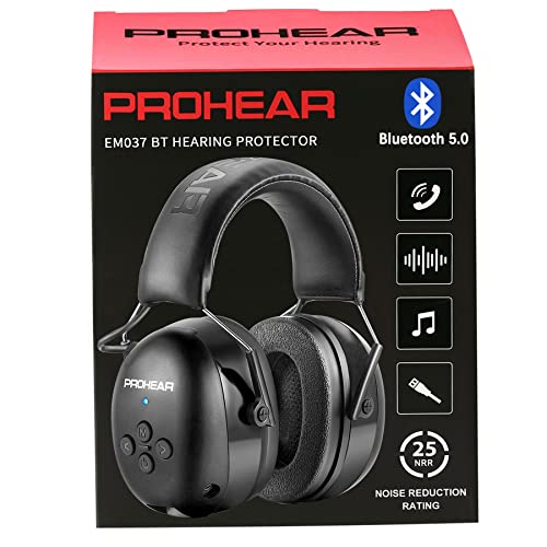 PROHEAR 037 Bluetooth 5.0 Hearing Protection Headphones with Rechargeable 1100mAh Battery, 25dB NRR Safety Noise Reduction Ear Muffs 40H Playtime for PROHEAR