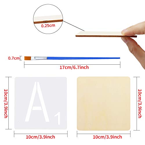 SKPPC 50 Pieces 4 Inch Unfinished Blank Wood Pieces with 26 Pieces Letters Stencils for Wall Decor Home Decoration DIY Craft Projects SKPPC